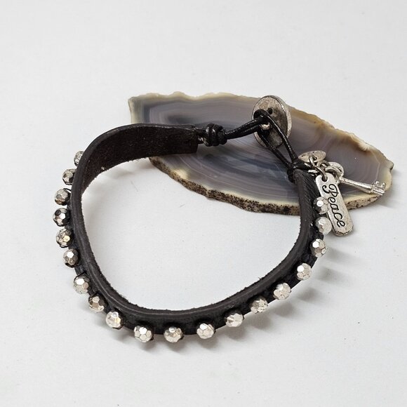 Fossil Brown Leather Silver Tone Beads Charms Bracelet Boho 8" Key Peace - Picture 4 of 11